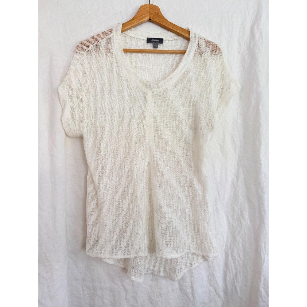 Neiman Marcus Knit Sweater Top Womens White Sheer Cap Sleeve Scoop Neck Small